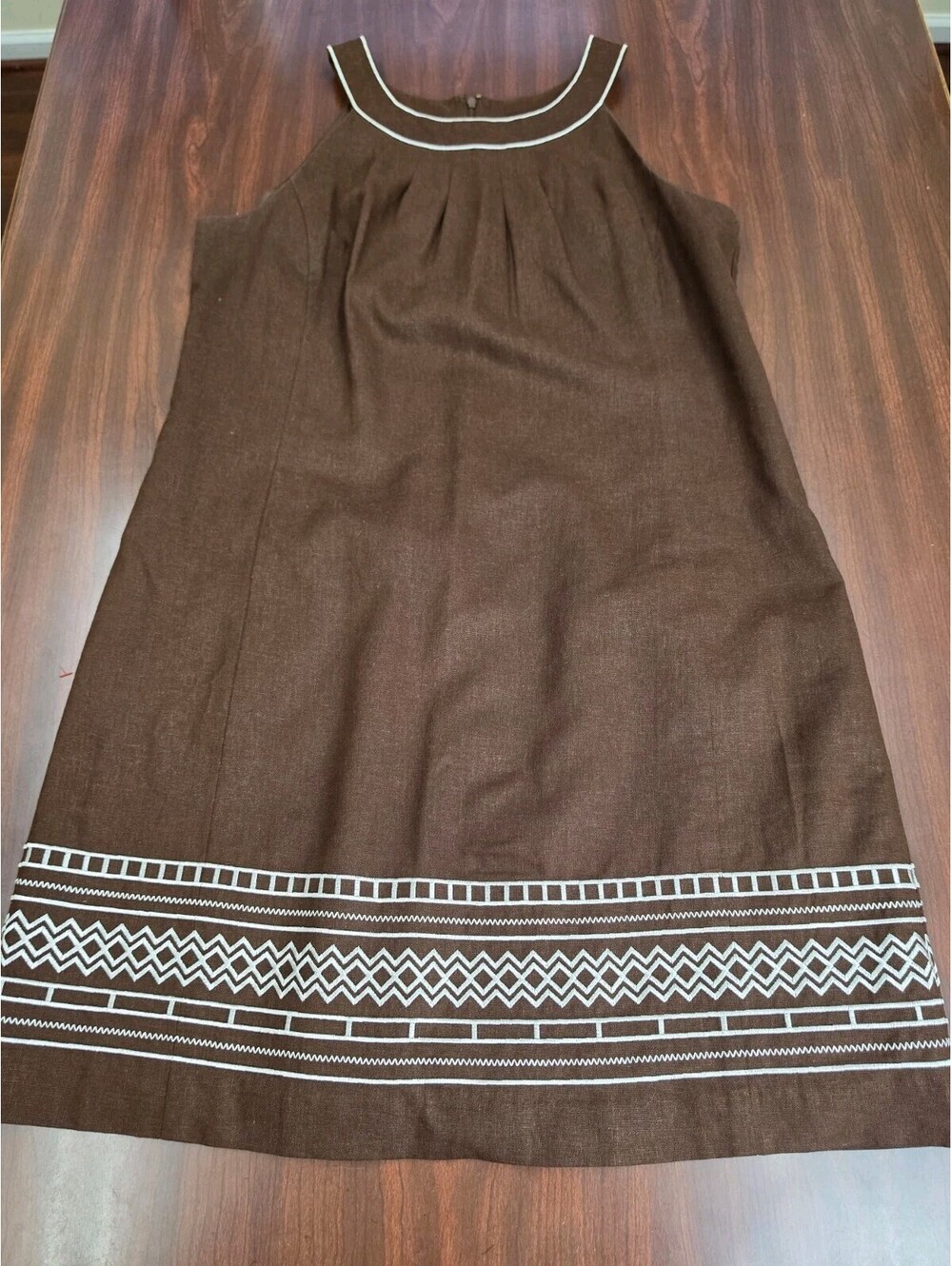 New Directions 14P Dress Brown Linen Blend Geometric Embroidered Boho Career